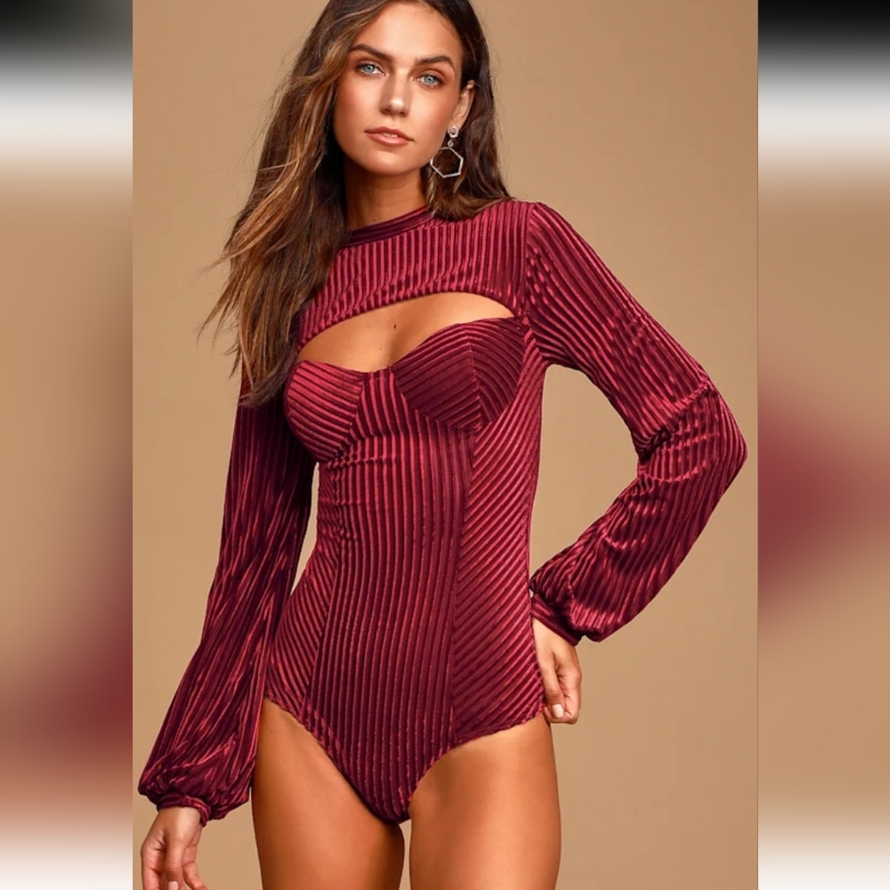 Lulus Always Alluring Burgundy Striped Velvet Cutout Bustier Bodysuit - Picture 1 of 9